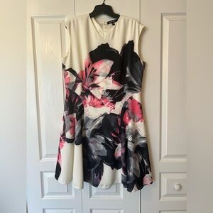 Ellen Tracy Women V Neck Sleeveless Cream Black Fuschia Sheath Dress Size 16